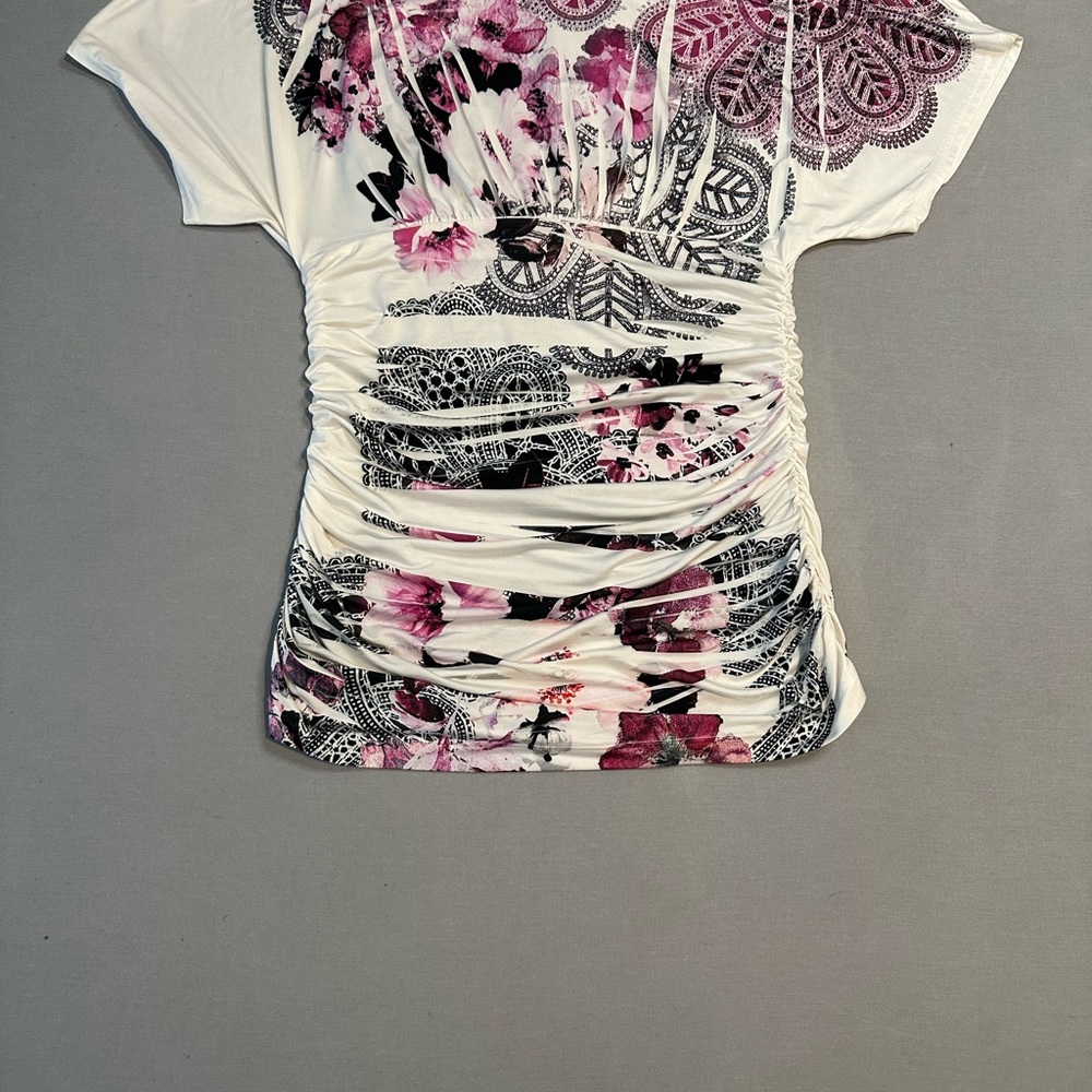 Iz Byer Pink and Black Floral Ruched Top